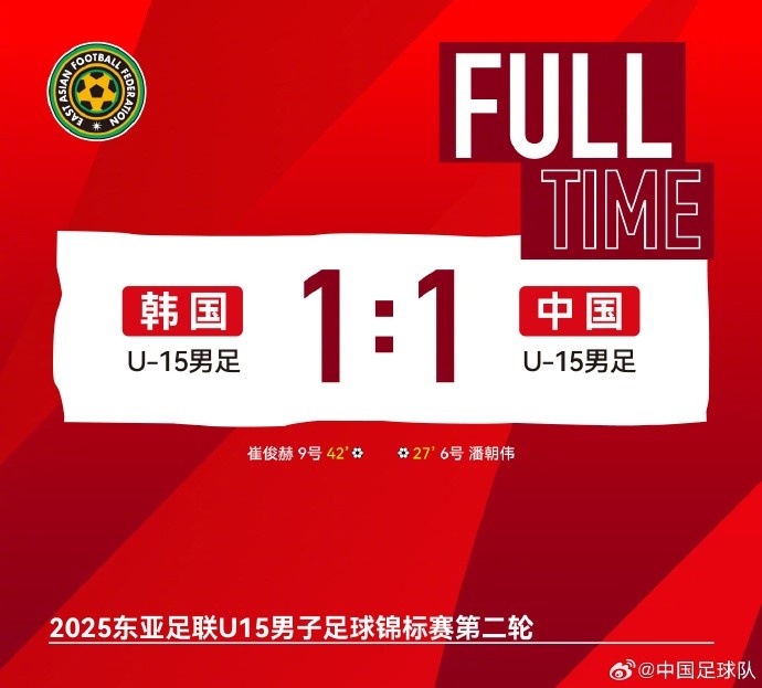 U15东亚杯：吴比乐造点潘朝伟破门 中国1-1韩国仍垫底
